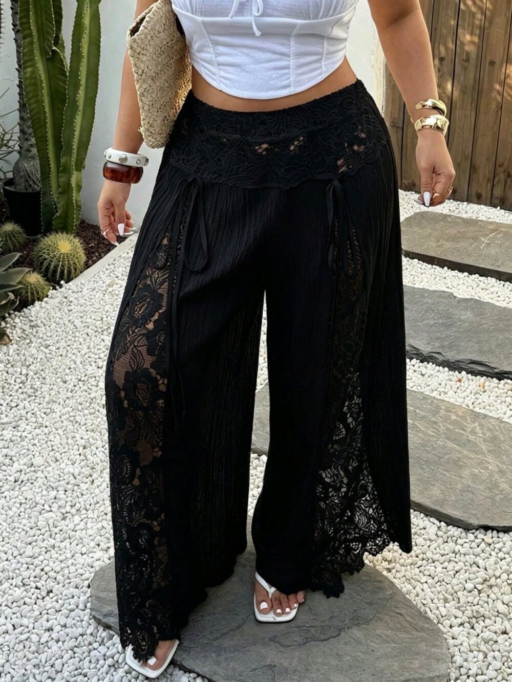 Black Casual Women's Plus Size Lace Patchwork Wide Leg Pants